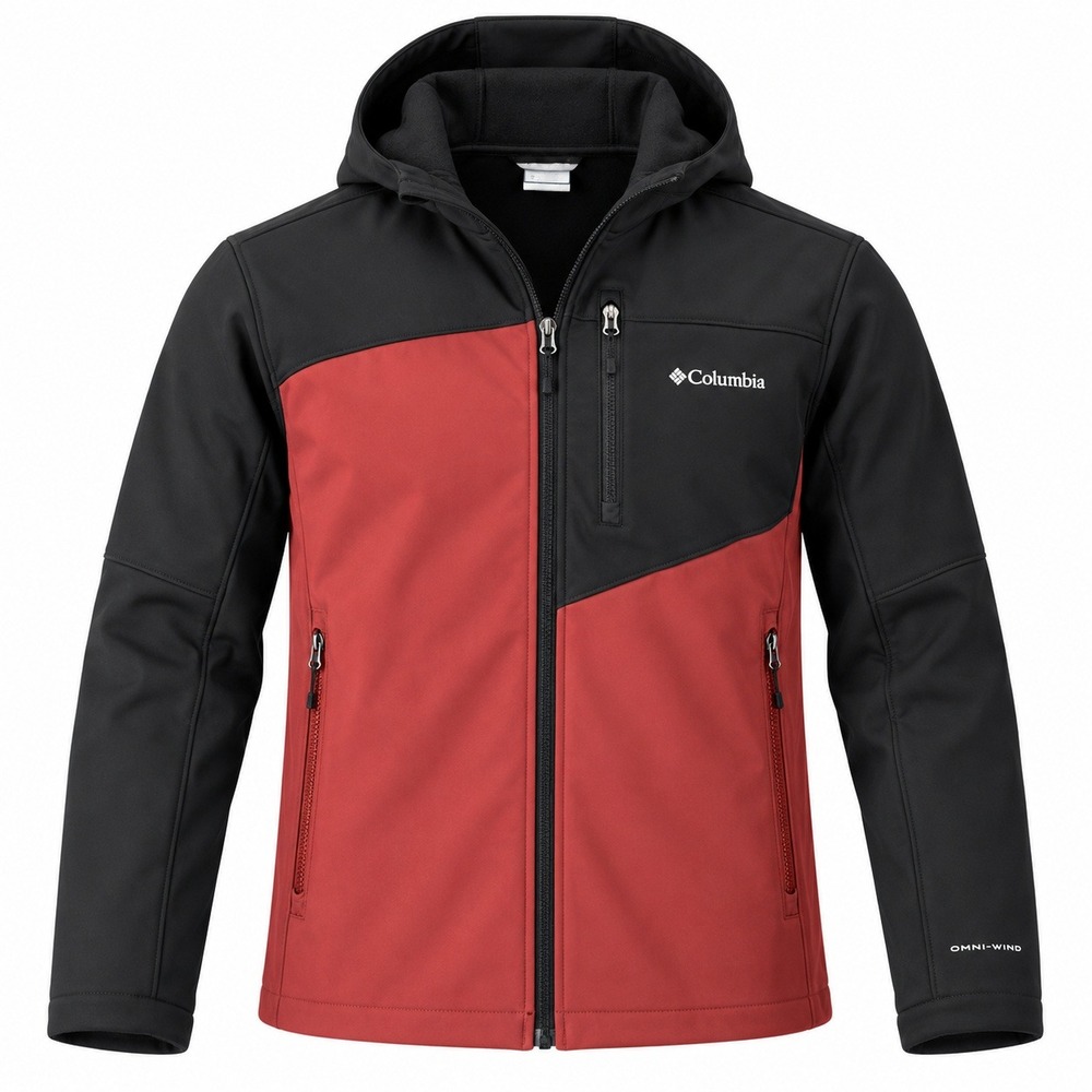 Columbia Softshell Jacket Mens XL Red Black Omni-Wind Hooded Full Zip Coat